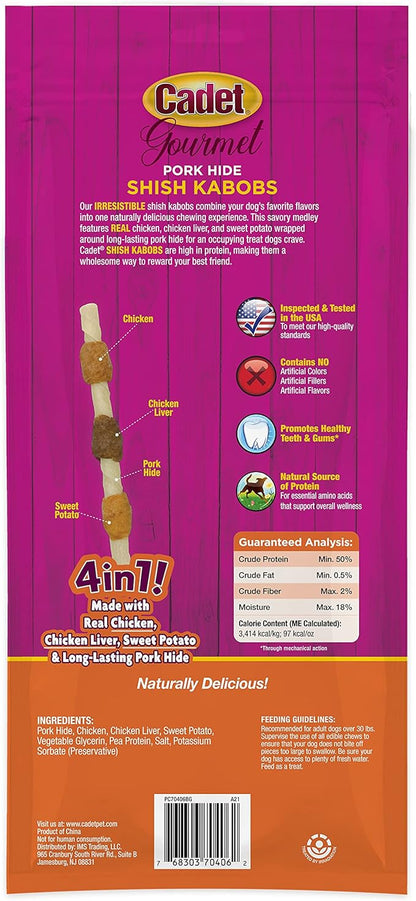 Cadet Gourmet Shish Kabob Dog Chews for Large Dogs, Rawhide Treats with Chicken and Sweet Potato, Healthy & Natural Pork Hide, 10-Inch Sticks, 4 Count