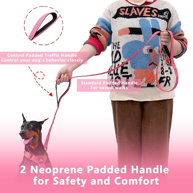 Dog Leash 5ft Long, Double Handle Dog Leash for Safety Control Training, Heavy Duty Dog Leads with Traffic Padded Handles, Reflective Leashes for Small Medium Large Dogs(5ft, Pink)