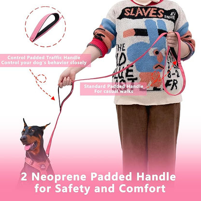 Dog Leash 6.5ft Long, Double Handle Dog Leash for Safety Control Training, Heavy Duty Dog Leads with Traffic Padded Handles, Reflective Leashes for Small Medium Large Dogs(6.5ft, Pink)