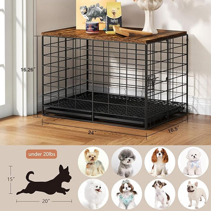 24 Inch Small Dog Crate - Indoor Puppy Kennel with Training Tray, Wooden Top & Thickened Metal Wire, Dog Cage for Small Dogs & Puppies Under 20 lbs, Decorative All-Stage Pet House