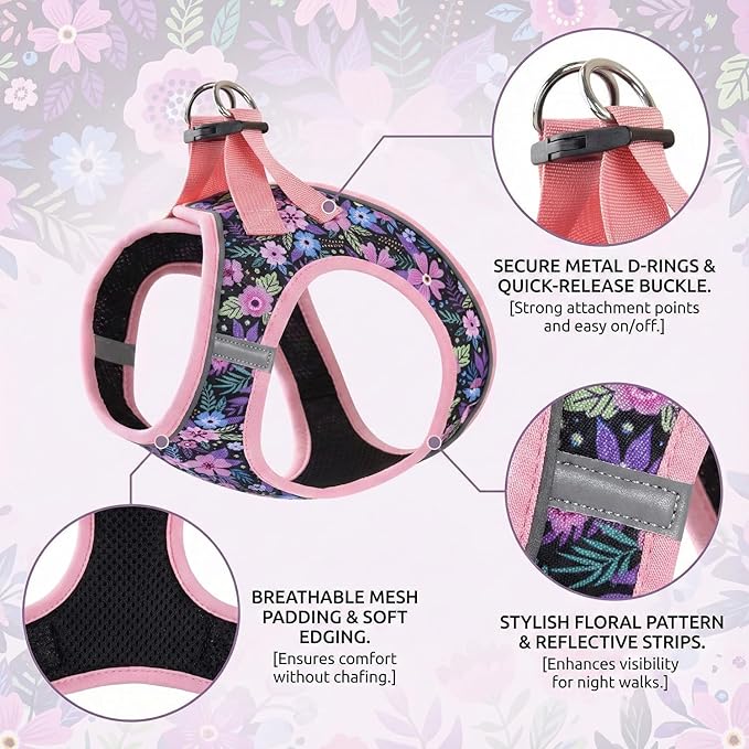 Mihqy Step in Dog Harness and Leash Set, Reflective Adjustable No Pull Dog Harness for Extra-Small/Small Dogs Puppy and Cats, Soft Padded Mesh Vest Harnesses for Girl and Boy Pets(Pink Floral,XS)