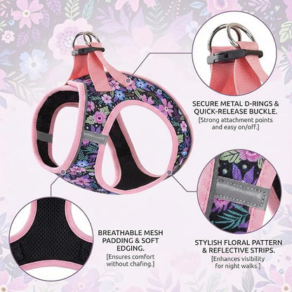Mihqy Step in Dog Harness and Leash Set, Reflective Adjustable No Pull Dog Harness for Extra-Small/Small Dogs Puppy and Cats, Soft Padded Mesh Vest Harnesses for Girl and Boy Pets(Pink Floral,XXS)