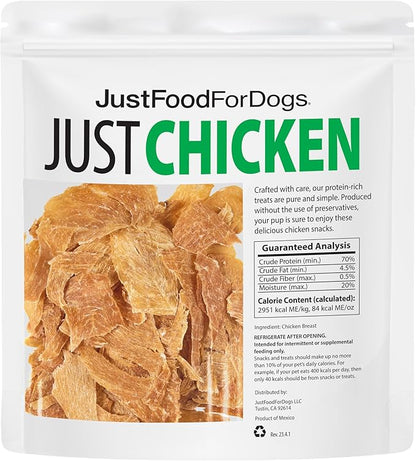 Just Food for Dogs Single Ingredient Healthy Dog Treats and Dog Snacks, Jerky Treats, Human Grade, Preservative and Grain Free, Rawhide Free Chews, Low Calorie Treat - Chicken Breast, 5 oz