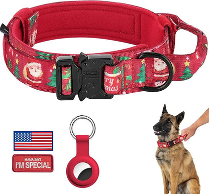 DAGANXI Christmas Tactical Dog Collar, Adjustable Military Training Nylon Dog Collar with Control Handle and Metal Buckle for Medium and Large Dogs, with Patches and Airtags Case (M, Christmas red)