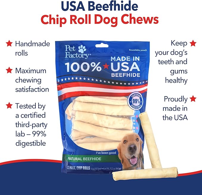 Pet Factory 100% Made in USA Beefhide Chip Rolls Dog Rawhide Chews, Thick, Dog Chews Long Lasting from American Cattle, Dog Chew Bones, 5 Inches (Pack of 22)
