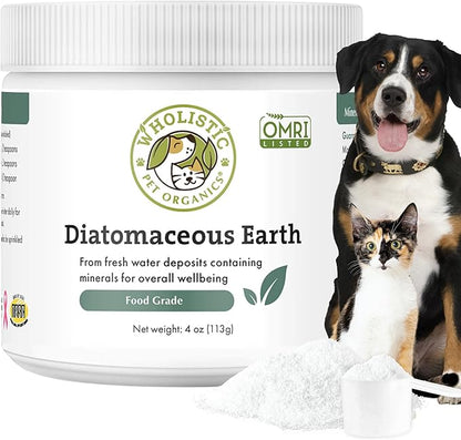 Wholistic Pet Organics Diatomaceous Earth - Food Grade for Dogs & Cats - 4 Oz - Multi Use Powder - Pet Safe Non-Chemical Freshwater Sourced Silica Supports Overall Health - Made in USA - 32 Scoops