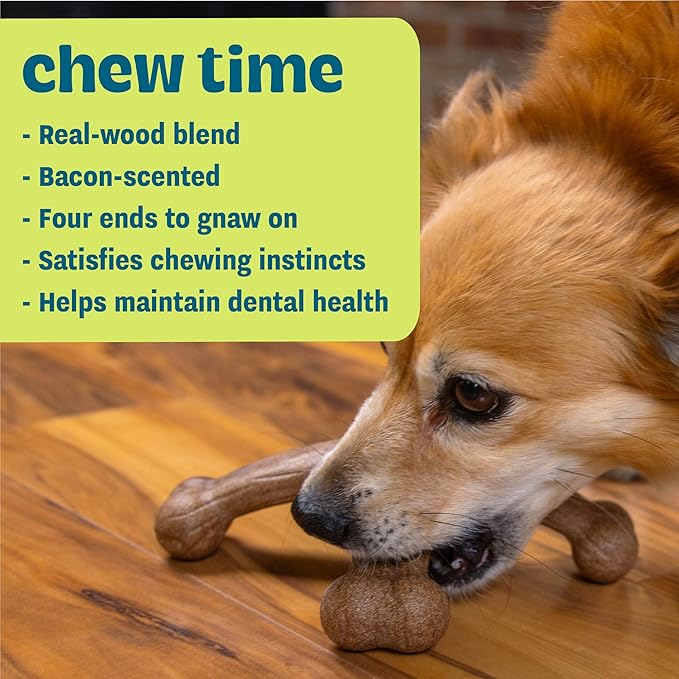 Pupstages Dogwood Jack Dog Chew Toy – Real-Wood Blend, Bacon Scented, 4 Chewable Ends, Moderate Chewers, Large, 7.5" x 2"