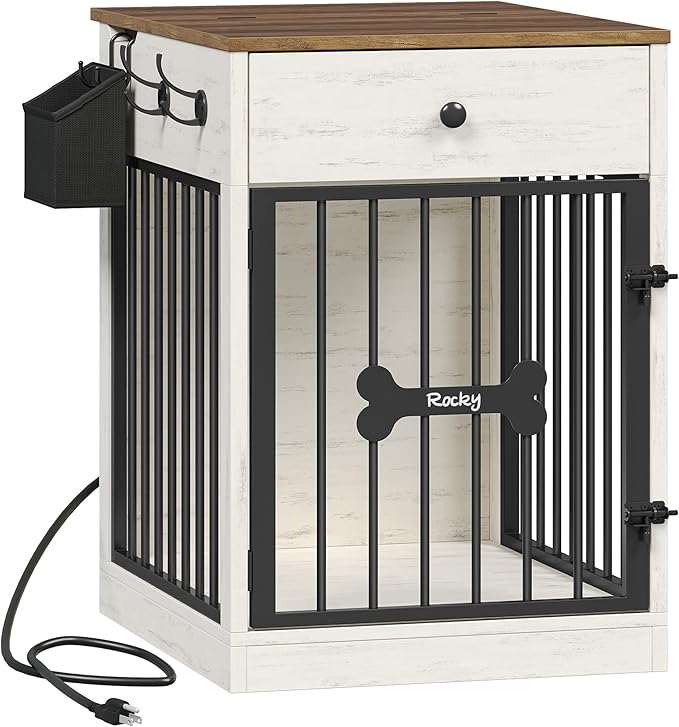 Hzuaneri 24.6'' Dog Crate Furniture with Charging Station, Dog Kennel Indoor with Flip-Top Storage, Wooden Pet Cage Dog House End Side Table for Small Dogs Anti-Chew Anti-Escape, White Brown DFC90114B