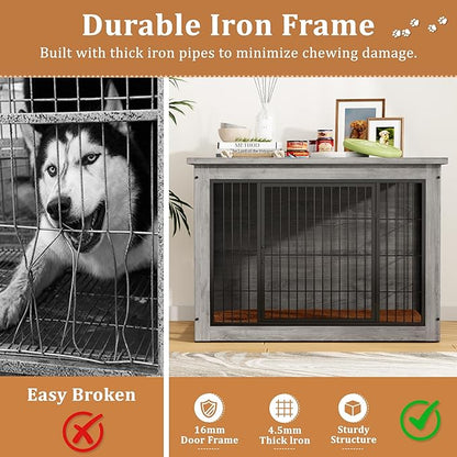 Greesum Modern Dog Crate Furniture That Doubles as a Side Table - Sturdy Wooden Kennel with Double Door Design, Equipped with Soft Cushion & Chew-Resistant Resign, Suitable for Dogs