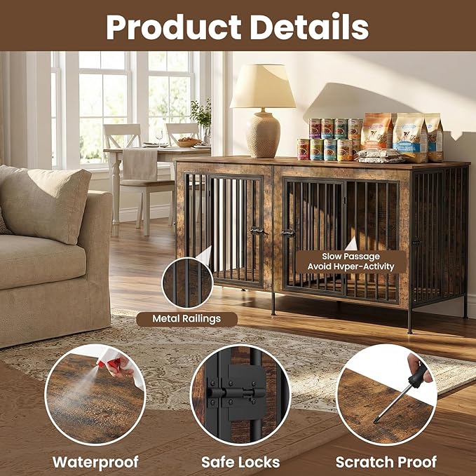 Dog Crate Furniture 78" Heavy Duty for 2 Large Dog, Sturdy Indoor Dog Kennel Table with 3 Doors, Elevated Robot Vacuum Friendly Base, Decorative Cage TV Stand & End Table, Rustic Brown