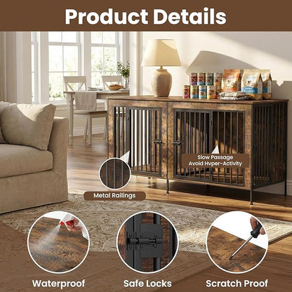 Dog Crate Furniture 78" Heavy Duty for 2 Large Dog, Sturdy Indoor Dog Kennel Table with 3 Doors, Elevated Robot Vacuum Friendly Base, Decorative Cage TV Stand & End Table, Rustic Brown