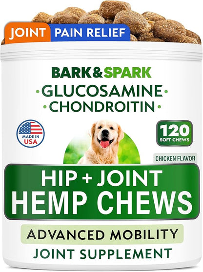 Hip&Joint Hemp Chews for Dogs - Max Strength Glucosamine Chondroitin for Dogs - Dog Joint Pain Relief Treats - Mobility & Flexibility Support - Advanced Joint Care - MSM - Made in USA (120Ct)