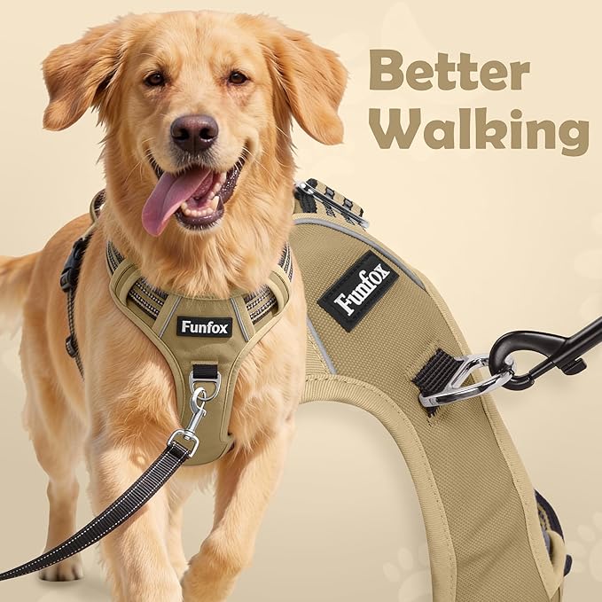 Funfox Dog Harness No Pull, Adjustable Pet Vest Harness, Super Soft Material with Vertical Handle Easy Control, Reflective Night Walking, 2 Leash Clips for Medium Sized Dogs, Brown, M