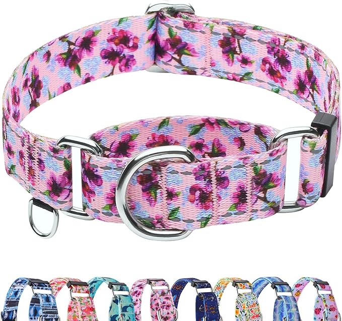 Reflective Martingale Collar for Dogs Nylon Training Collar with No Buckle Cute Floral No Pull Dog Collar for Medium Dogs（Purple Flower，M）