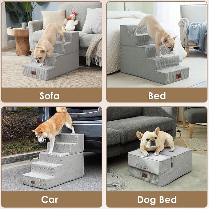 EHEYCIGA Dog Stairs for High Bed 22.5" H, 5-Step Dog Steps for Bed, Pet Steps for Small Dogs and Cats, Non-Slip Balanced Pet Ramp Indoor, Light Grey
