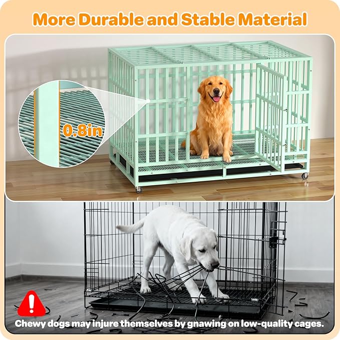 Hiwokk 48 Inch Heavy Duty Dog Crate, Indestructible Escape-Proof Dog Kennel for High Anxiety Large Dogs, Strong Metal Pet Cage with Double Doors, Lockable Wheels & Removable Tray, XL XXL XXXL