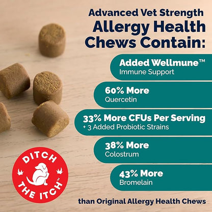 Vetnique DermaBliss Dog Allergy Chews for Seasonal Allergy Itch Relief, Skin & Gut Health with Probiotics and Omega 3 Blend - Advanced or Regular Strength (30ct, Advanced Strength Chews)