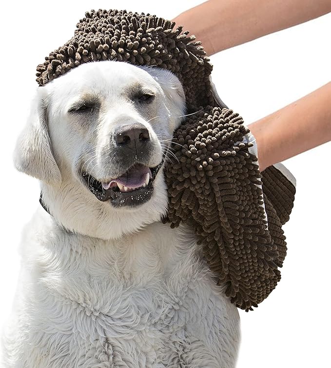 Soggy Doggy Super Shammy Dog Towel – Absorbent Microfiber Chenille Pet Towel for Drying Wet Dogs, Paws, Quick Dry Dog Shammy with Hand Pockets, Machine Washable – Chocolate/Oatmeal Trim, 31” x 14”