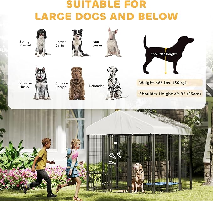 PawHut Outdoor Dog Kennel with Roof, 6' x 6' x 6' Heavy Duty Welded Wire Dog Playpen Enclosure with Escape-Proof Lock, Adjustable Bowls, UV-Resistant & Waterproof Cover, for S&M&L Breeds, Silver