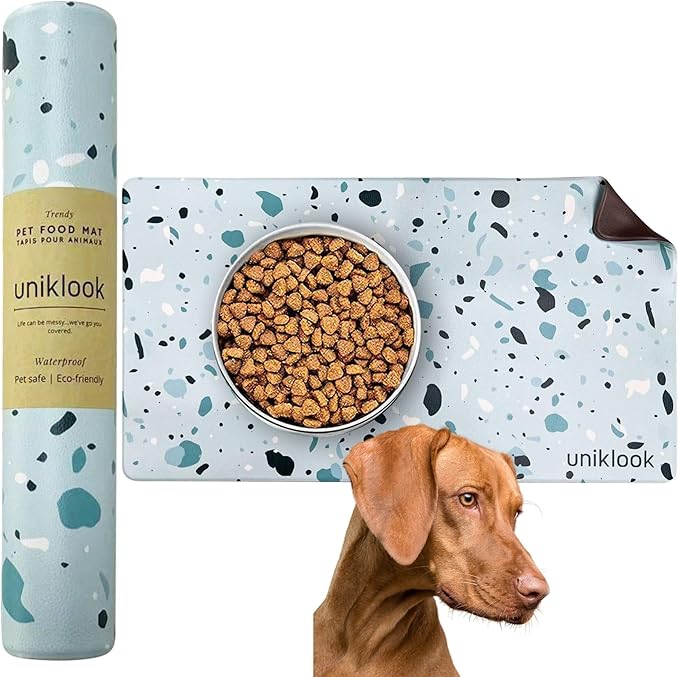 Large Pet Placemat Food & Water, Dog Cat Food Mat for Pet Bowls 28" X 16.5" Waterproof Easy to Clean Dog Mat for Bowl Food Water Terrazzo Blue Uniklook