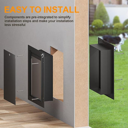 Cat Door for Wall, All Aluminum Doggy Doggie Pet Door Small Dog Door, With Closing Panel, 2 Magnetic Flaps Energy Efficient, Wide Telescoping Tunnel for Interior & Exterior Wall, Pets Up to 22Lb Black