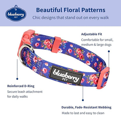 Blueberry Pet Dog Collar Rose Print, Adjustable Medium Dog Collars for Medium Dogs, Large & Small Dogs, Puppy Collar, Pink Dog Collar for Girls, Eco-Friendly, 14.5-20 in Neck