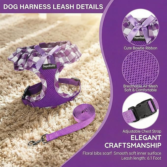 SuperBuddy Upgraded Soft Mesh Dog Harness, Super Breathable Lightweight Pet Harnesses for Puppy Dogs Outdoor Walking, Purple Dog Harness and Dog Leash Set Packing -Medium