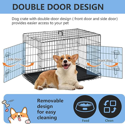 FDW 30 inch Dog Crate Dog Kennel Cage with Double Door Folding Metal Wire Dog Cage with Removable Tray&Divider Panel,Pet Crate for Medium Dogs,Black