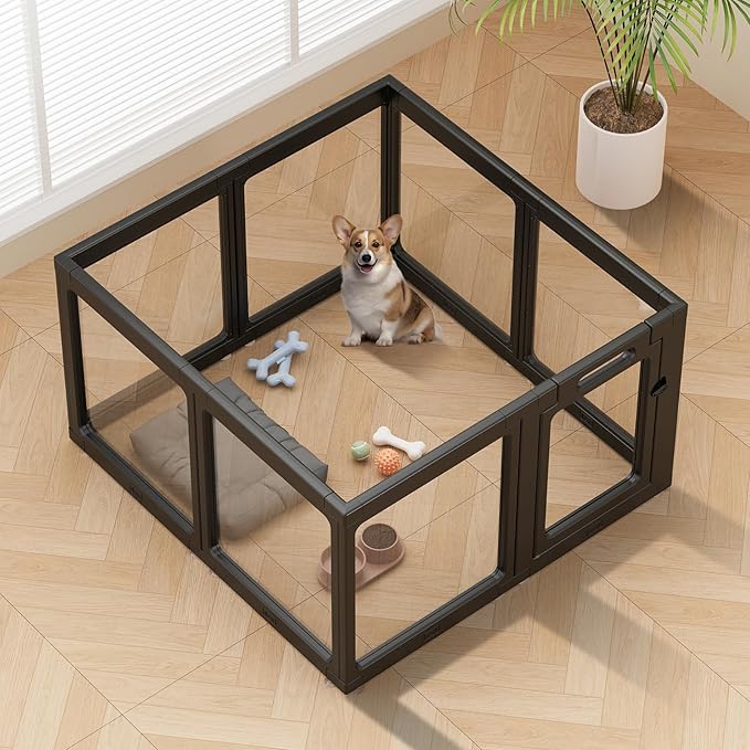 Clear Acrylic Dog Playpen Indoor, Puppy Cat Small Pet Play Pen, Pet Cat Playpen for Rabbits, Dog Fence Crate Kennel Whelping Cage (Black, 8 Panel)