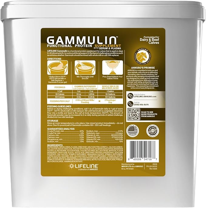 ANNUSO LIFELINE Gammulin Immune & Intestinal Support for Calves, 10lb Pail - Functional Protein Supplement for Days 2-15 - Mix with Milk or Milk Replacer - Vitamins, Minerals, Immune Support