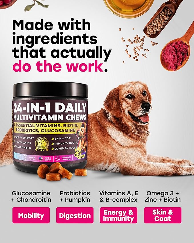 24-in-1 Daily Multivitamin Dog Chews – Joint, Skin & Coat, Digestion & Immunity Support – Glucosamine, Omega-3, Probiotics for Gut Health – PhD-Endorsed, 140 Chews, Beef Flavor