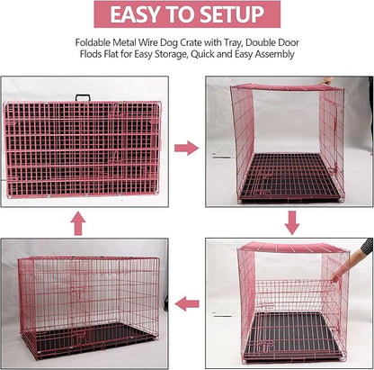 Dog Crate, 24/30/36/42/48 Inch Dog Crates for Small Medium Large Dogs Indoor, Folding Metal Dog Kennel Dog Cage with Double-Door, Divider Panel, Removable Tray, Locks and Handle, (24 Inch, Pink)