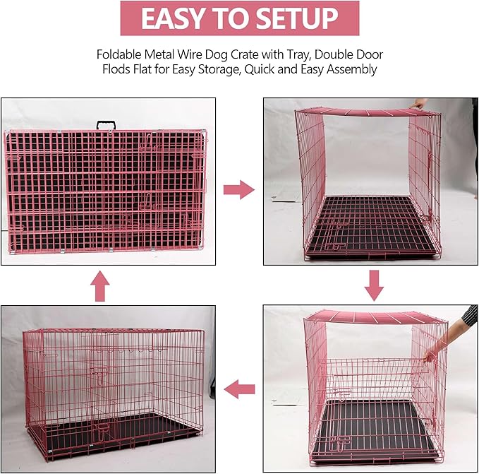 Dog Crate, 24/30/36/42/48 Inch Dog Crates for Small Medium Large Dogs Indoor, Folding Metal Dog Kennel Dog Cage with Double-Door, Divider Panel, Removable Tray, Locks and Handle, (30 Inch, Pink)