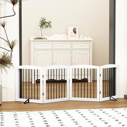PUPETPO Freestanding Pet Gate for Dogs, Foldable Wooden Dog Gate for House, Indoor Dog Gate for Stair, Doorway, Gates for Dogs Indoor, 80 Inch Wide, 4 Panels 24",White