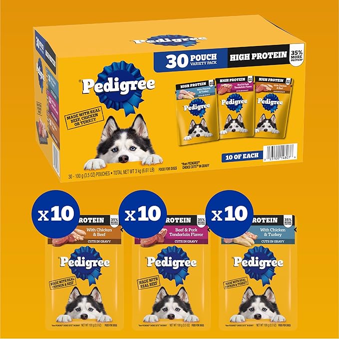 Pedigree High Protein Dog Food,Adult Wet Dog Food Pouches,Variety Pack,3.5 oz. Pouches,30 Count (Pack of 2)
