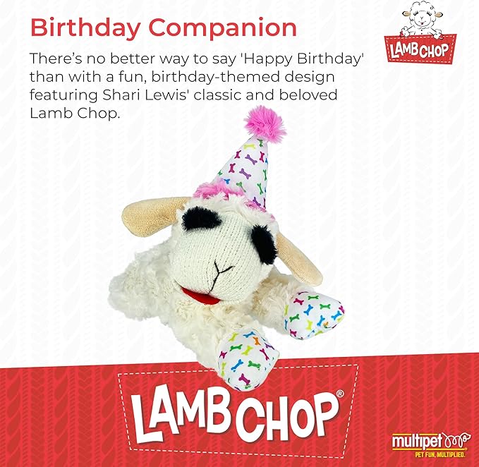 Multipet Lamb Chop Dog Plush Toy w/Birthday Hat - Squeaky Toy for All Dogs - Soft Plush - Stuffed Animal Dog Toys for Playing - Cute Birthday Toy (10.5”, Pink Hat, 5 Squeakers)