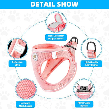 Hipubby Dog Harness and Leash Set, No Pull Soft Mesh Puppy Harness for Small Medium Dogs, Cats - Step in Reflective Breathable Lightweight Vest Harness for Walking, Training - Pink, L