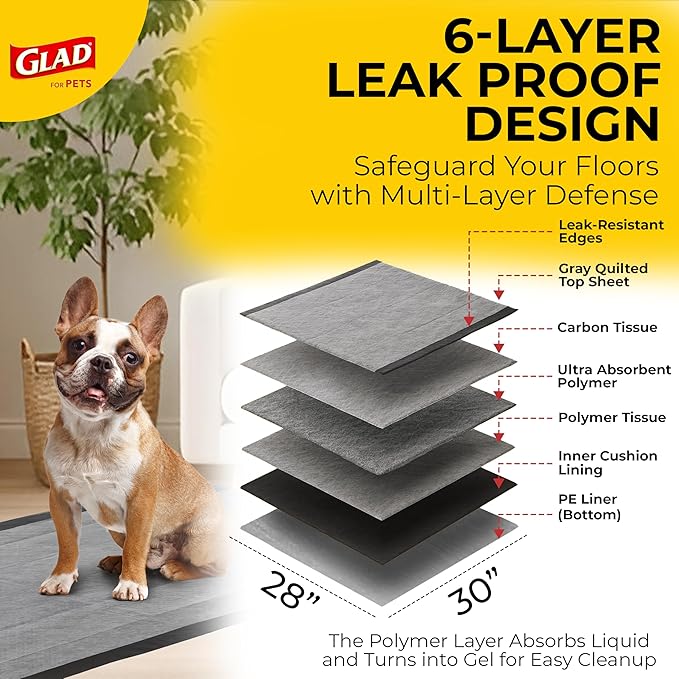 Glad for Pets Extra Large Charcoal Dog Training Pads, Absorbent Leak Proof Pee Pads for Dogs and Puppies, Odor Control Potty Pads with Activated Carbon, 28 x 30 Inches, 30 Count