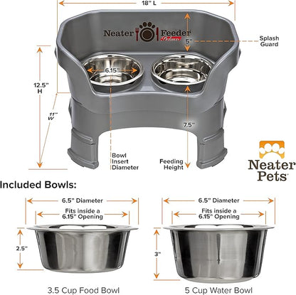 Neater Feeder Deluxe Mess-Proof Elevated Dog Bowls for Medium Dogs (19–40 lbs), 2 Height Adjustable (10” & 12.5”) No-Spill Raised Dog Bowl Stand, Stainless Steel Food Bowl Set, Made in USA, Grey