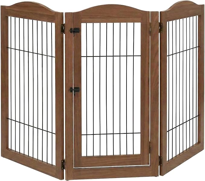unipaws 31.5 Inch Height Pet Gate with Wood and Wire, 66 Inch Wide Freestanding Walk Through Dog Gate, Foldable Stairs Barrier for Dogs Cats