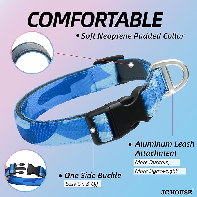 Soft Padded Dog Collar, Neck 9’’-14’’, Adjustable Heavy Duty Collar with 3M Reflective Logo for Small Dogs, Camo Blue, S