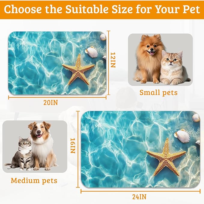 Starfish Shells Dog Cat Food Mat,Sea Beach Absorbent Waterproof Placemat for Food and Water Non Slip Rubber Backing Durable Feeding Pad for Clean Floors 12" x 20"