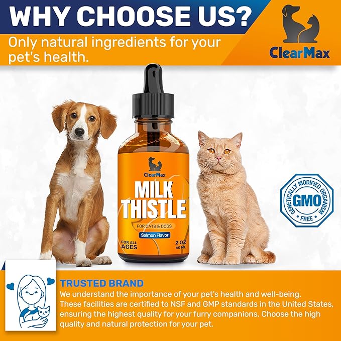 Milk Thistle for Dogs – Liver & Kidney Support for Large & Small Pets – Milk Thistle for Cats to Care for Digestion – Specialist-Approved Liquid Formula with Salmon Flavor – GMO Free – 2 Oz Bottle