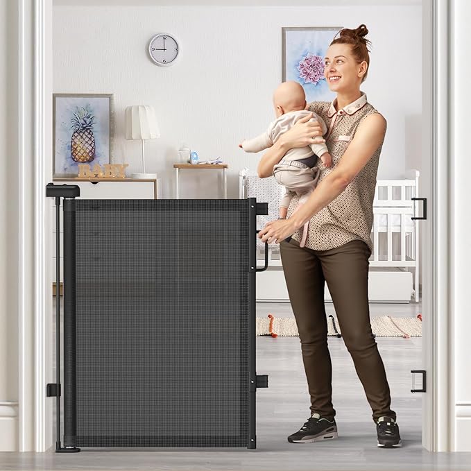 Retractable Baby Gates 2 Pack, 55" Wide Mesh Dog Gate Indoor, 34" Tall Gate for Stairs Doorways Hallways Deck, Child Pet Safety Gate for Indoor Outdoor Home Use, Black