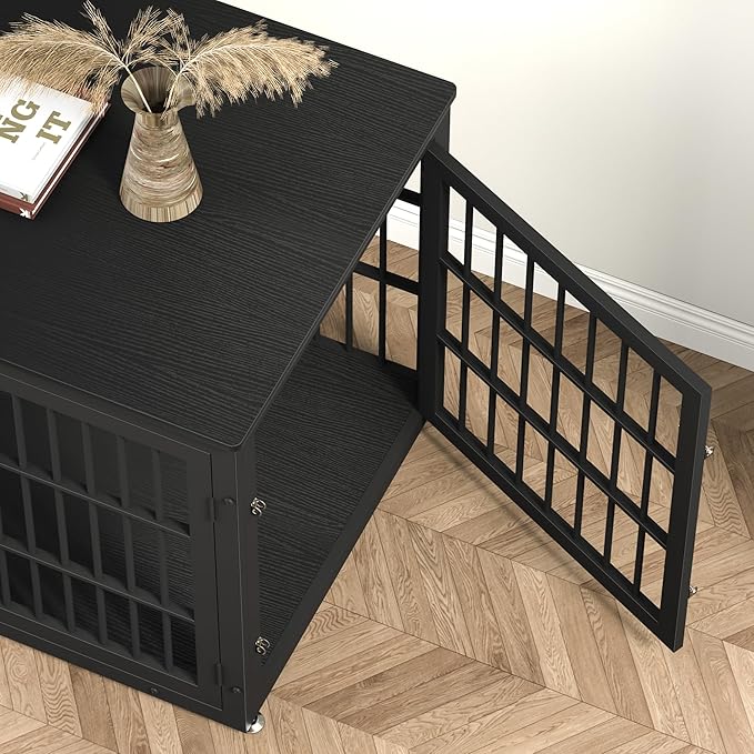 rehomerance 42 Inch Heavy Duty Dog Crate Furniture for Large and Medium Dogs, Decorative Pet House End Table, Wooden Cage Kennel Furniture Indoor, Black