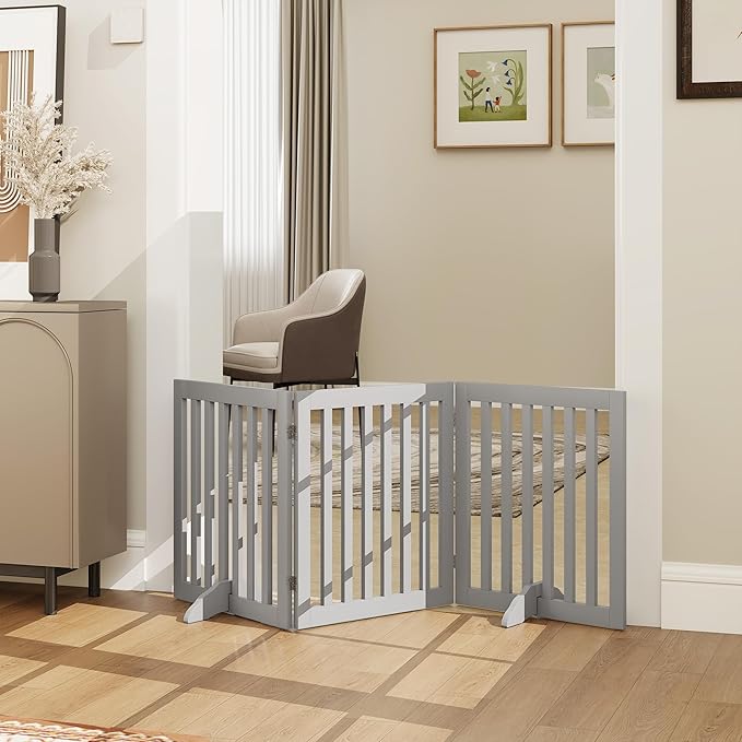 PUPETPO 24”H Freestanding Wooden Pet Gate, Dog Gate for Stairs, Doorways, and Hallways, Step Over Foldable Pet Fence for Indoor Use, Support Feet Included, 60 inch Wide 3 Panels, Grey