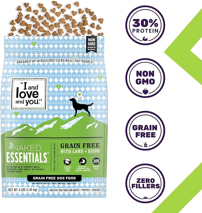 I and love and you Naked Essentials Dry Dog Food - Lamb + Bison - High Protein, Real Meat, No Fillers, Prebiotics + Probiotics, 4lb Bag