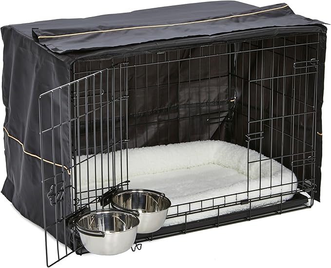 MidWest Homes for Pets Double Door iCrate Starter Kit, 30-inch Dog Crate Bundle for Medium Breeds, Includes Cage, Pet Bed, 2 Bowls and Privacy Cover