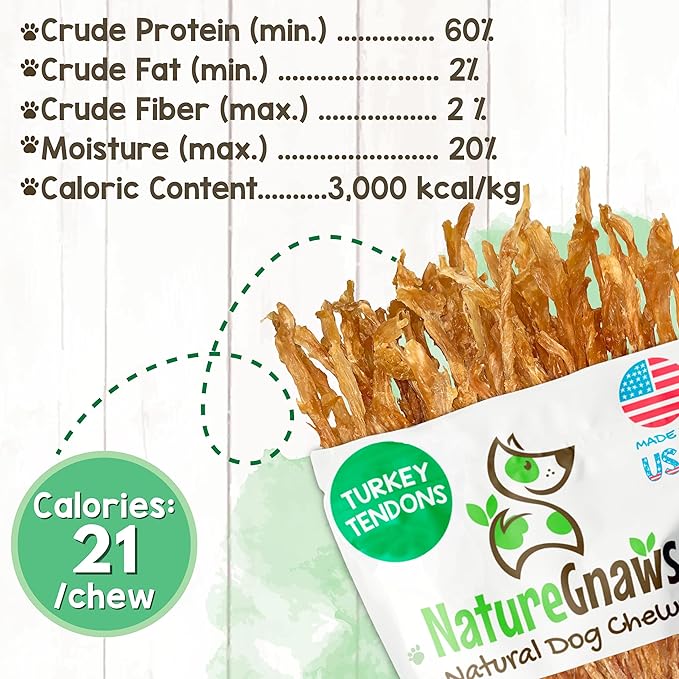 Nature Gnaws USA Turkey Tendons for Dogs (8oz) - Delicious Grain Free Reward Snack for Small, Medium & Large Breeds - Premium Natural Dog Chew Treats