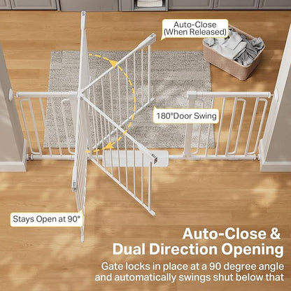 Cumbor 36.6-64" Extra Wide Baby Gate for Stairs, Dog Gates for Doorways, Auto-Close Pet Gate Indoor, Pressure Mounted Walk Through Safety Child Gate for Kids Toddler, Tall Pet Puppy Fence Gate, White